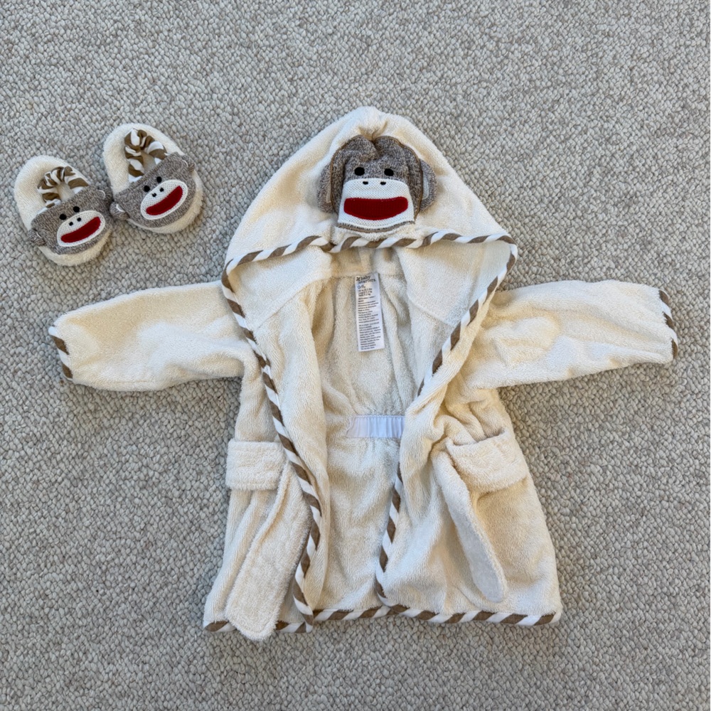 Baby Starters Sock Monkey Hooded Bath Robe and Slipper Set
